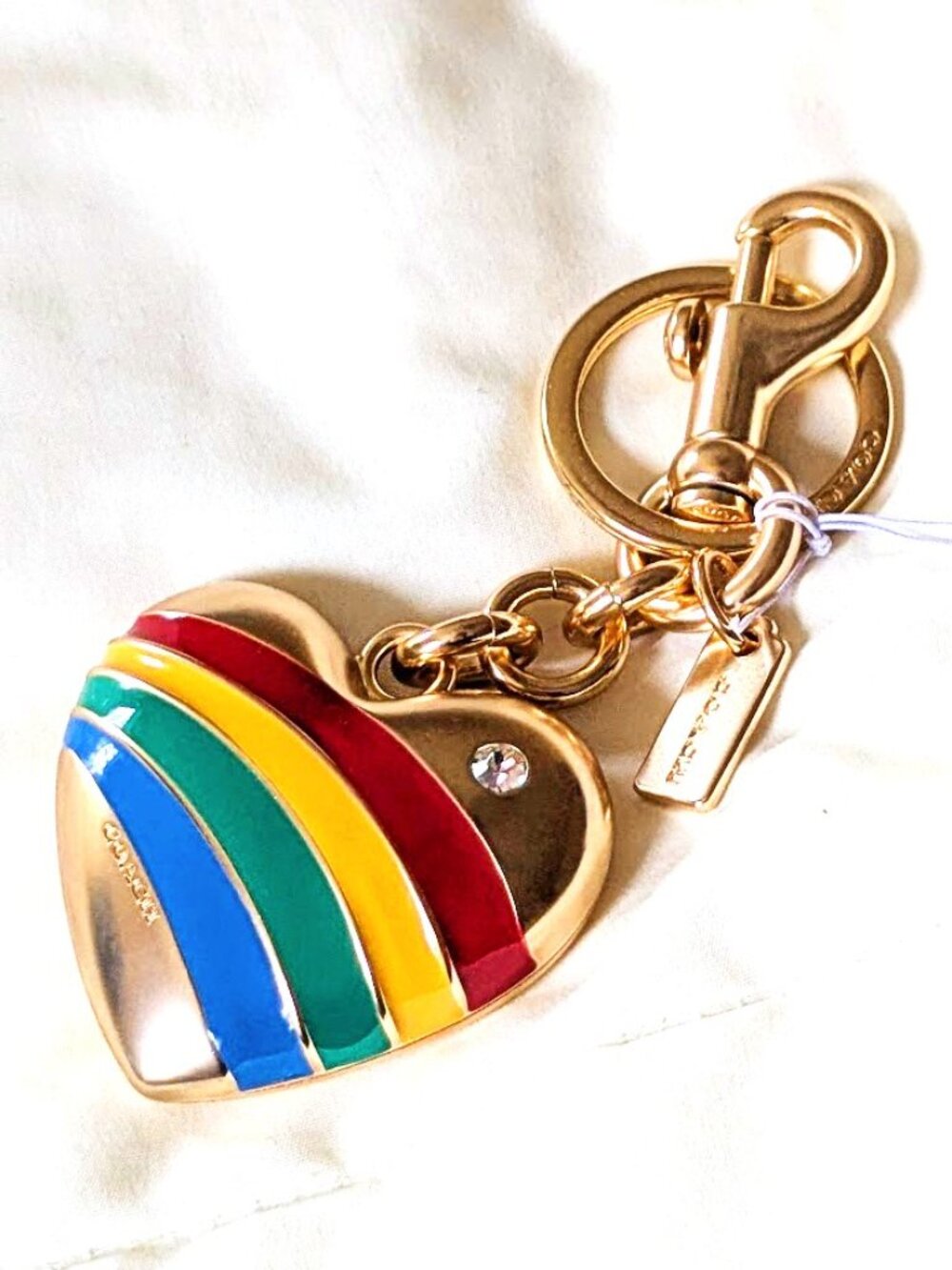Coach Rainbow Heart Bag Charm Keychain Key Chain Gold Love Pride Crystal NWT
